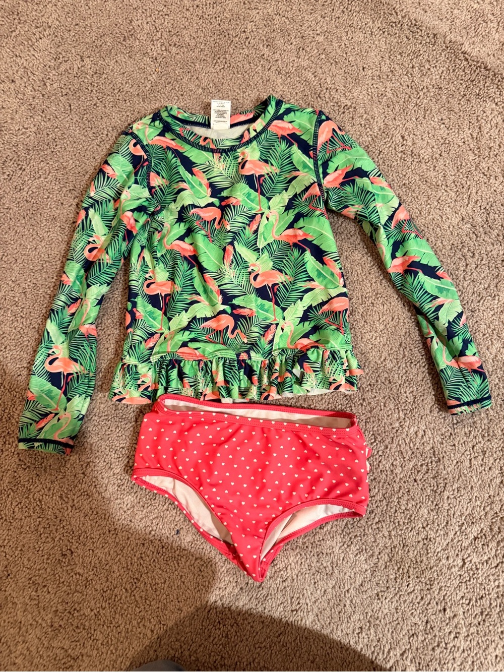 Ruffle Butts Flamingo Print Long-Sleeve Rashguard Set - Green & Coral